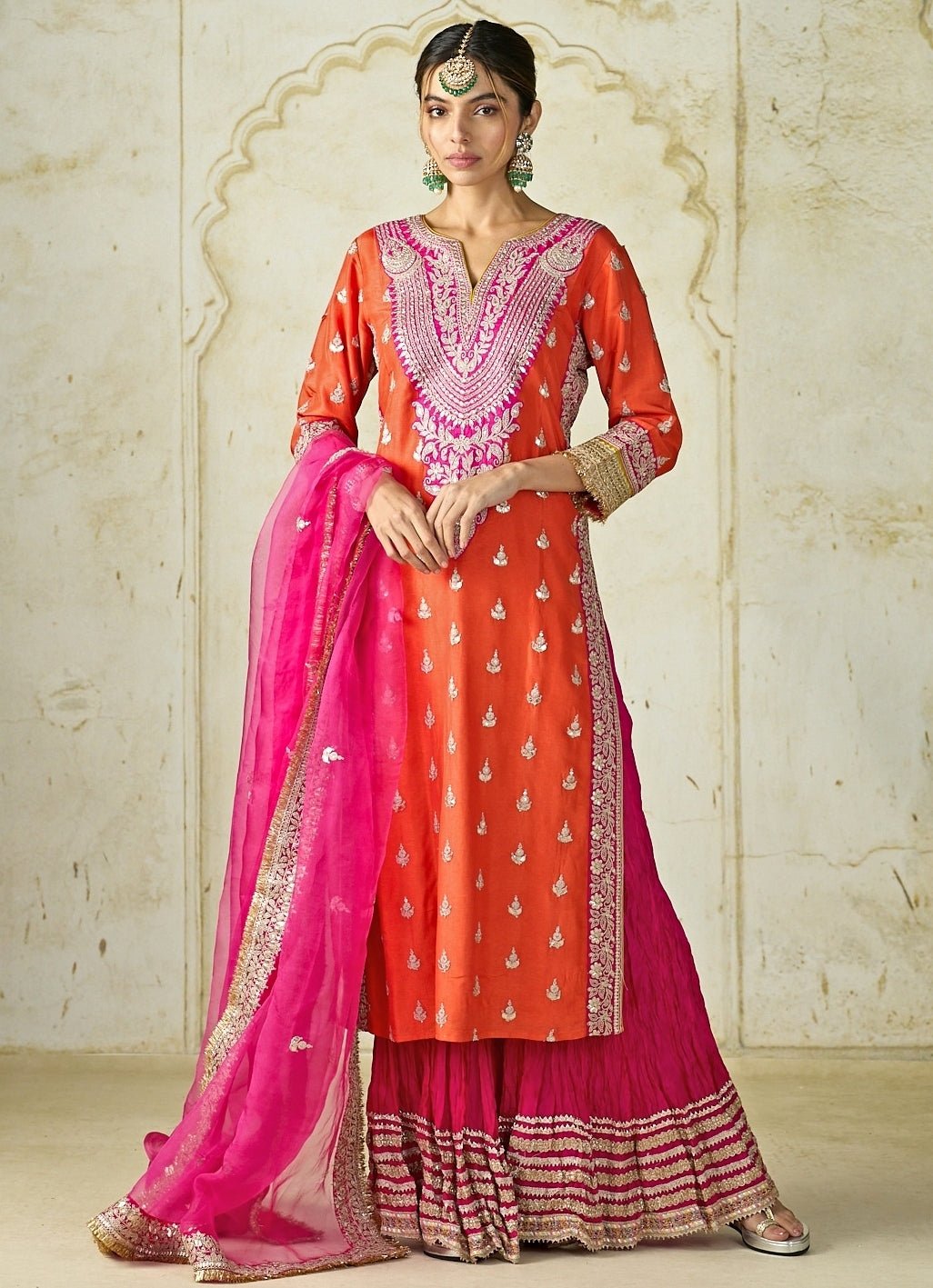 Gopi Vaid Orange And Hot Pink Tussar Kurta Sharara SetFabilicious Fashion