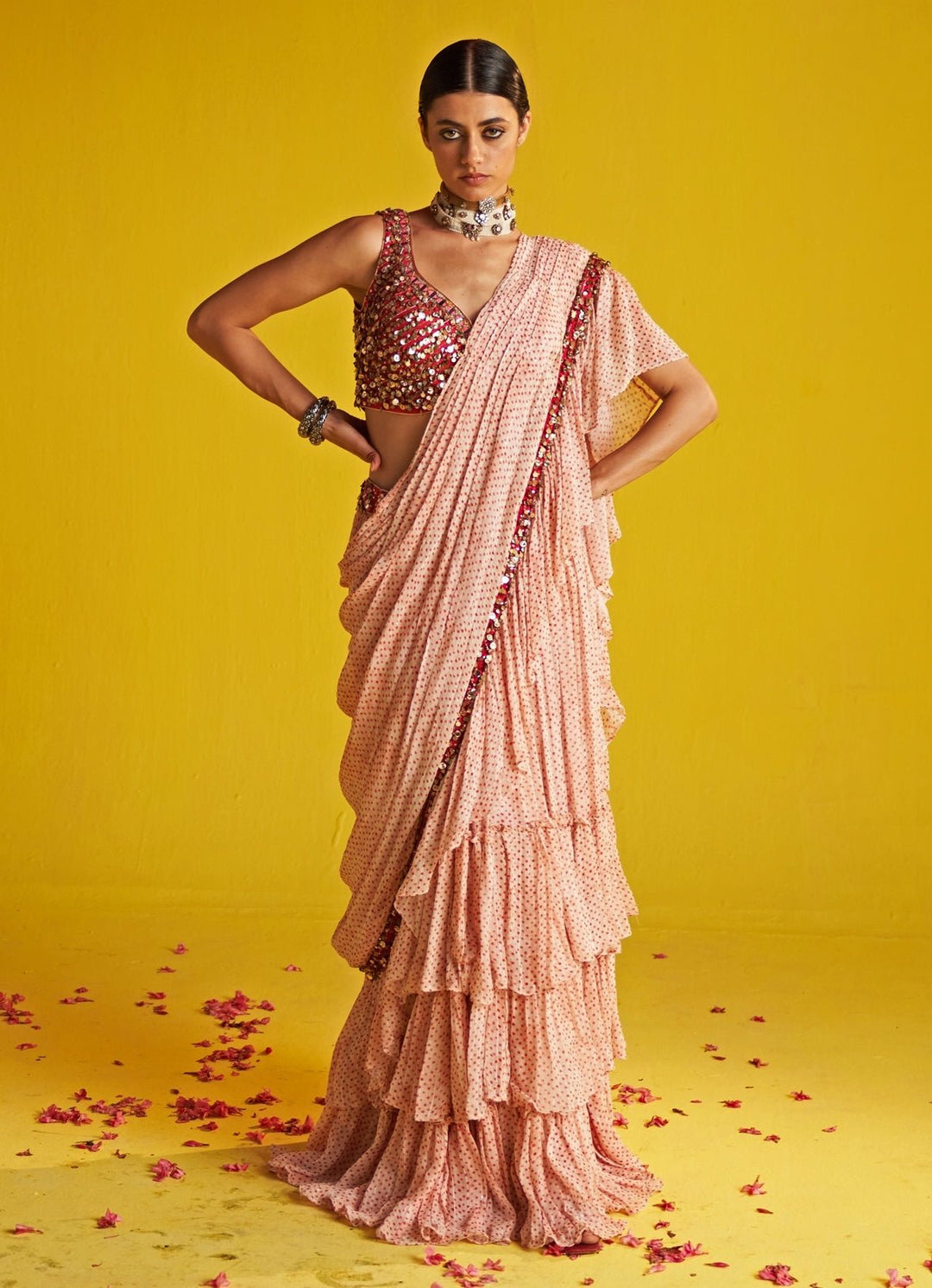 Orange And Ivory Embroidered Georgette Ruffle Saree Studio Bagechaa - Fabilicious Fashion
