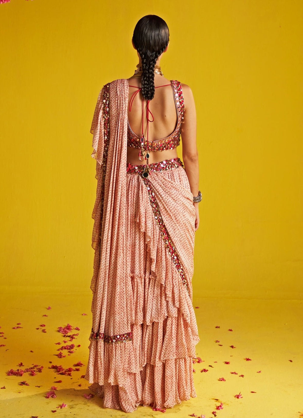 Orange And Ivory Embroidered Georgette Ruffle Saree Studio Bagechaa - Fabilicious Fashion