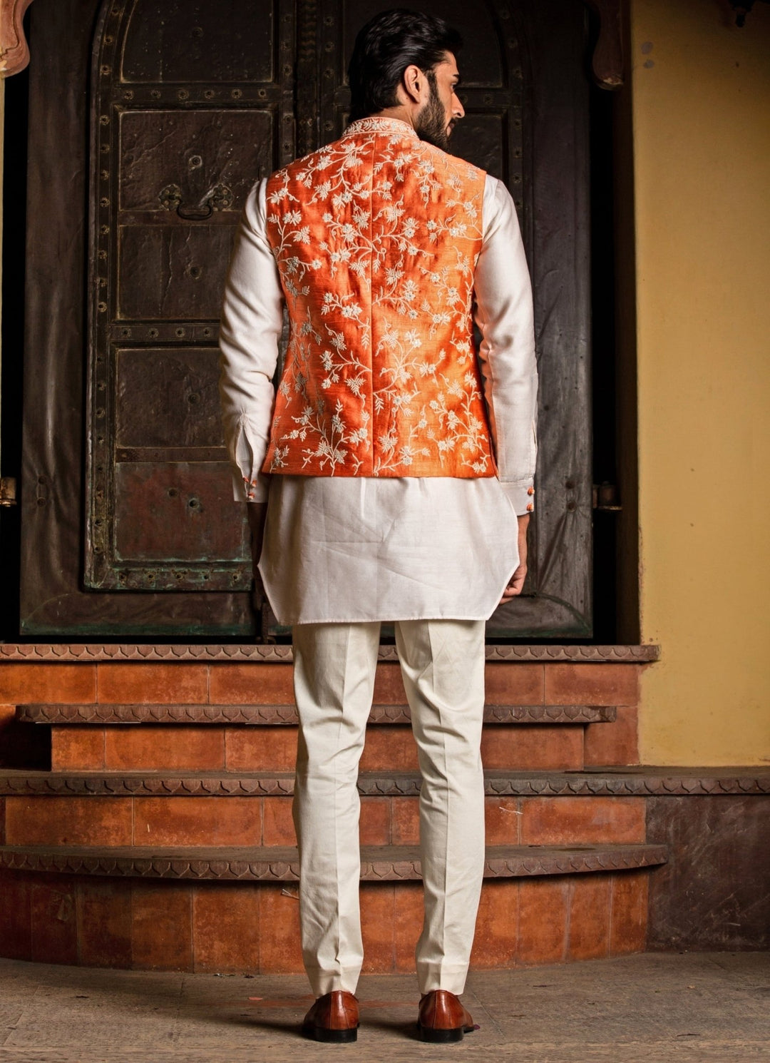 Orange and Ivory Raw Silk Nehru Jacket Set Nitika Gujral - Men - Fabilicious Fashion