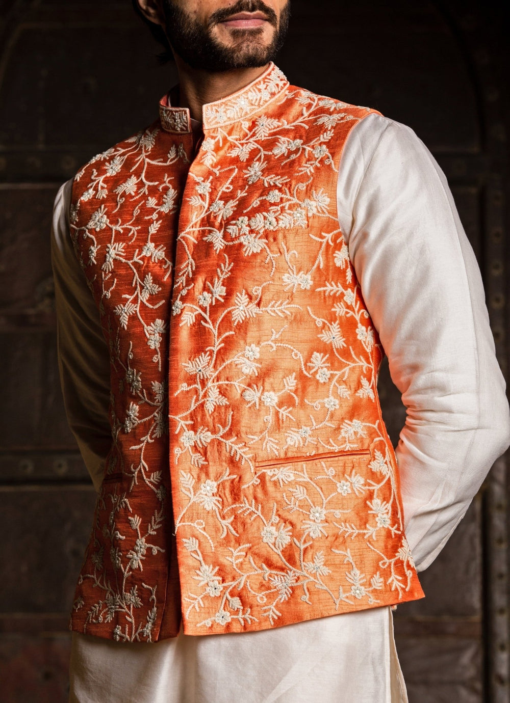 Orange and Ivory Raw Silk Nehru Jacket Set Nitika Gujral - Men - Fabilicious Fashion