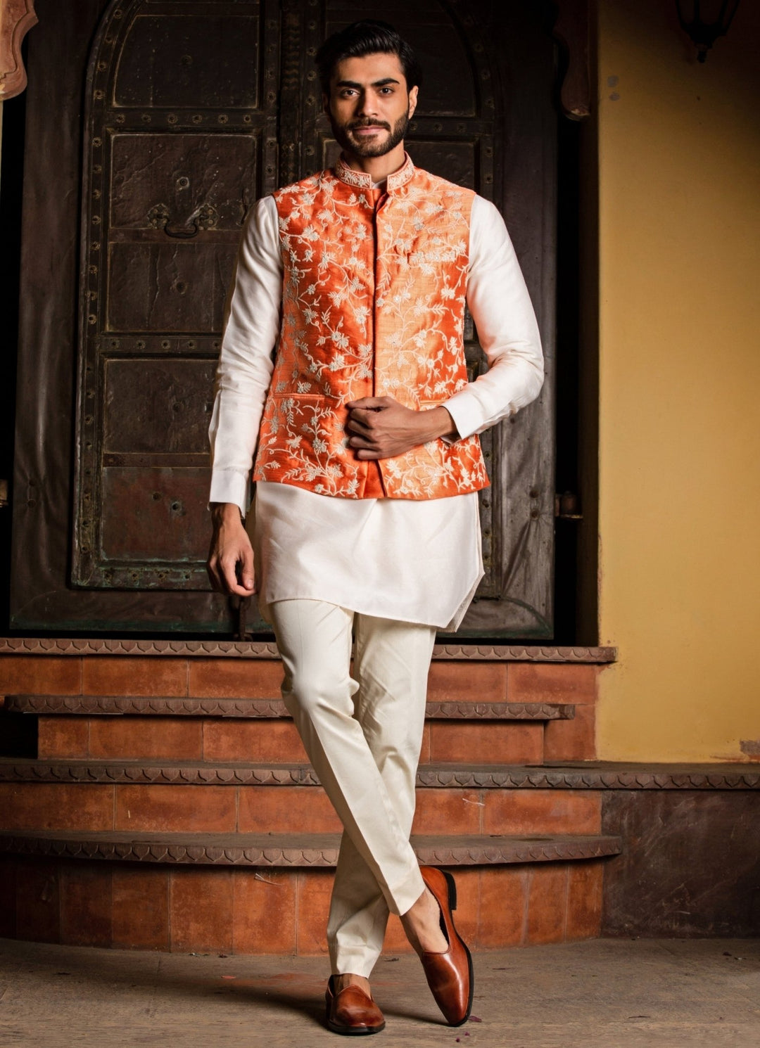 Orange and Ivory Raw Silk Nehru Jacket Set Nitika Gujral - Men - Fabilicious Fashion