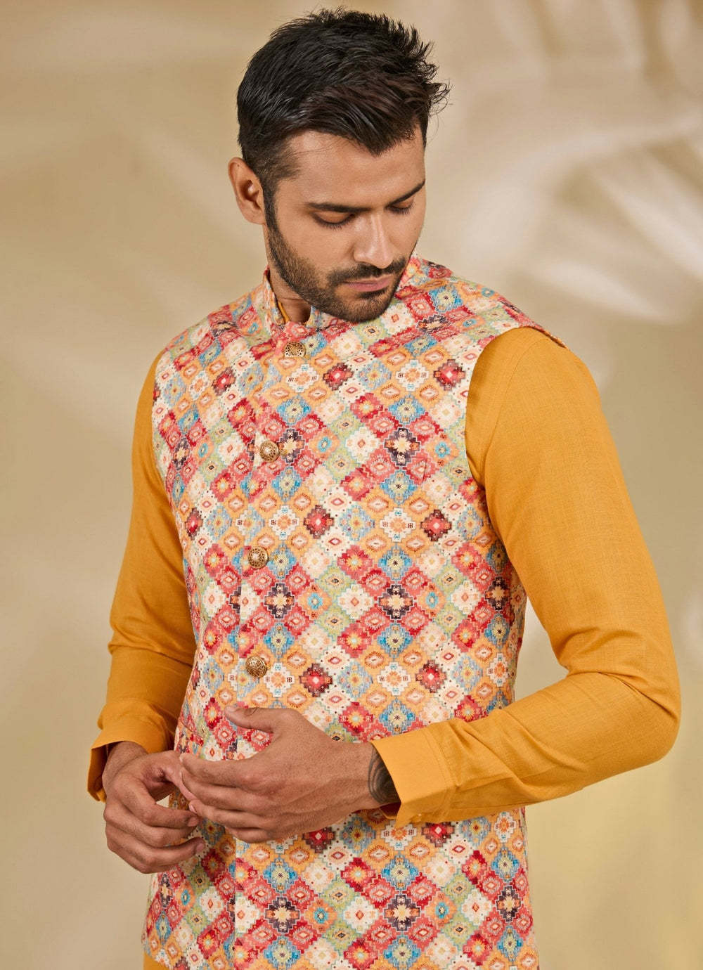Orange and Multicolour Silk Bundi Set Manish Nagdeo - Fabilicious Fashion