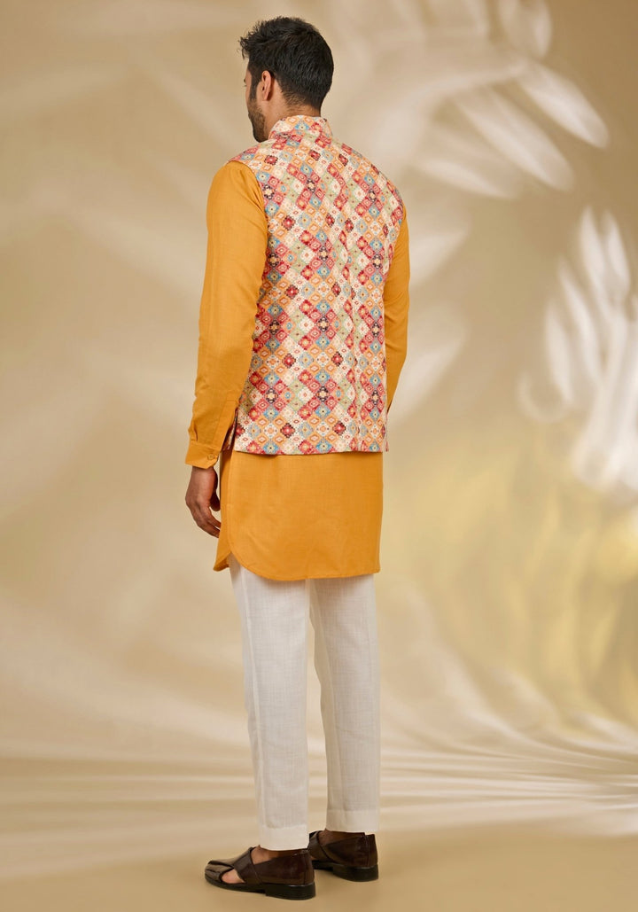 Manish Nagdeo Men Orange and Multicolour Silk Bundi SetFabilicious Fashion