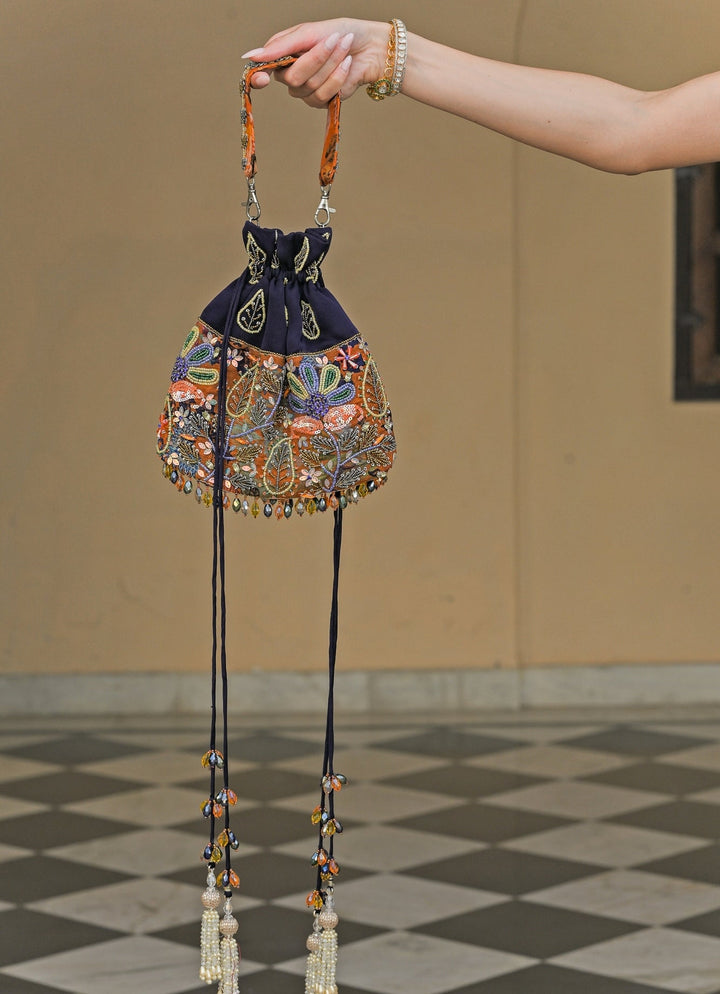 Juhi Bengani Orange And Navy Blue Organza PotliFabilicious Fashion