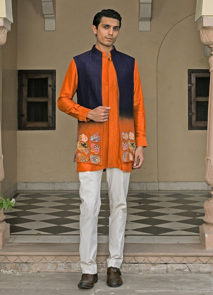 Orange and Navy Blue Shaded Organza Bundi Juhi Bengani - Men - Fabilicious Fashion
