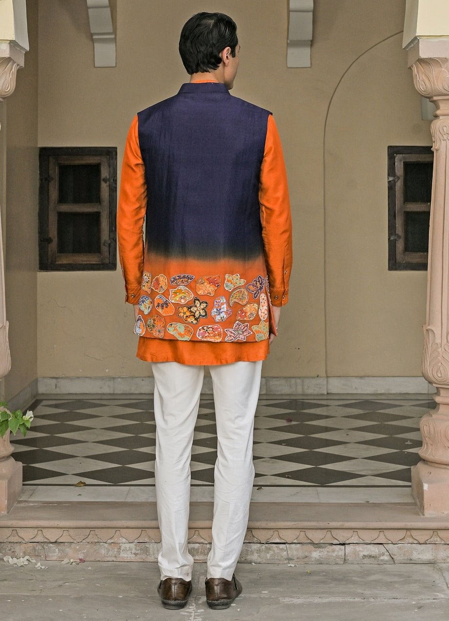 Orange and Navy Blue Shaded Organza Bundi Juhi Bengani - Men - Fabilicious Fashion