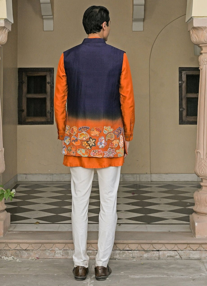 Orange and Navy Blue Shaded Organza Bundi Juhi Bengani - Men - Fabilicious Fashion