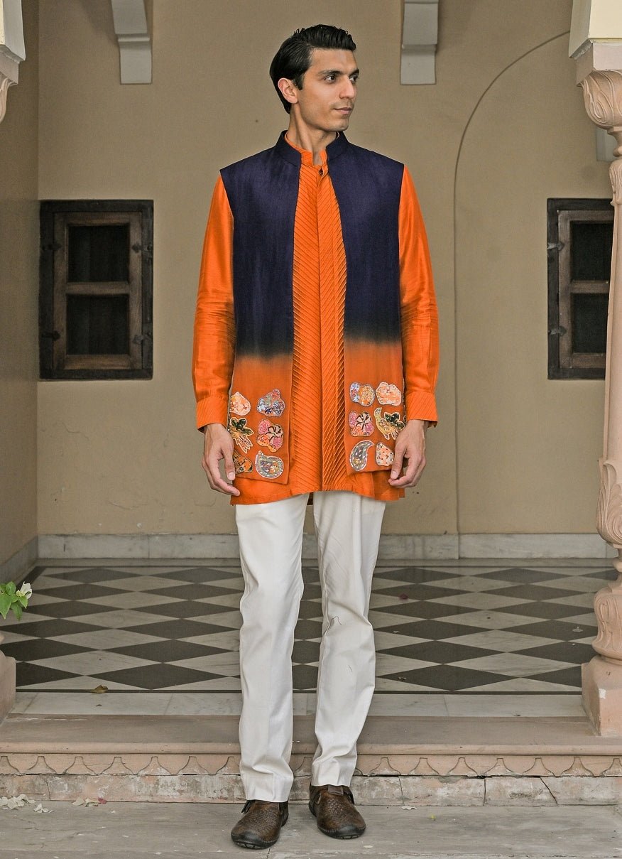 Orange and Navy Blue Shaded Organza Bundi Juhi Bengani - Men - Fabilicious Fashion