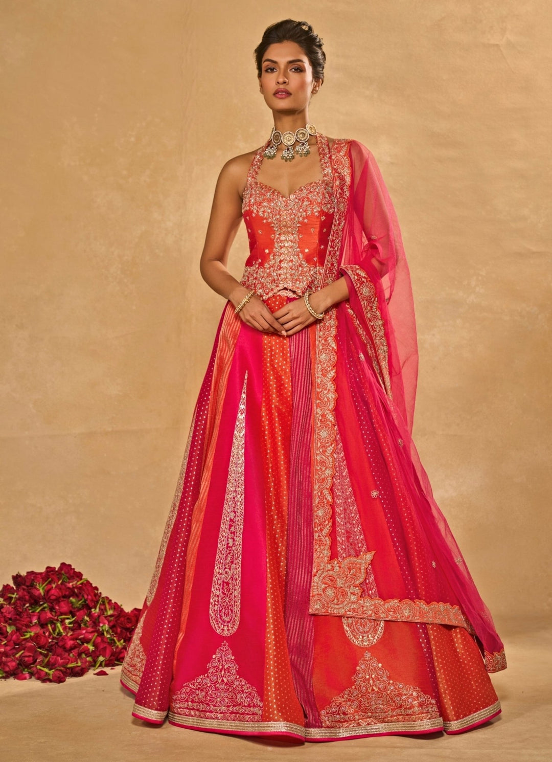 Orange And Pink Dupion Silk Corset Lehenga Chamee & Palak - Fabilicious Fashion