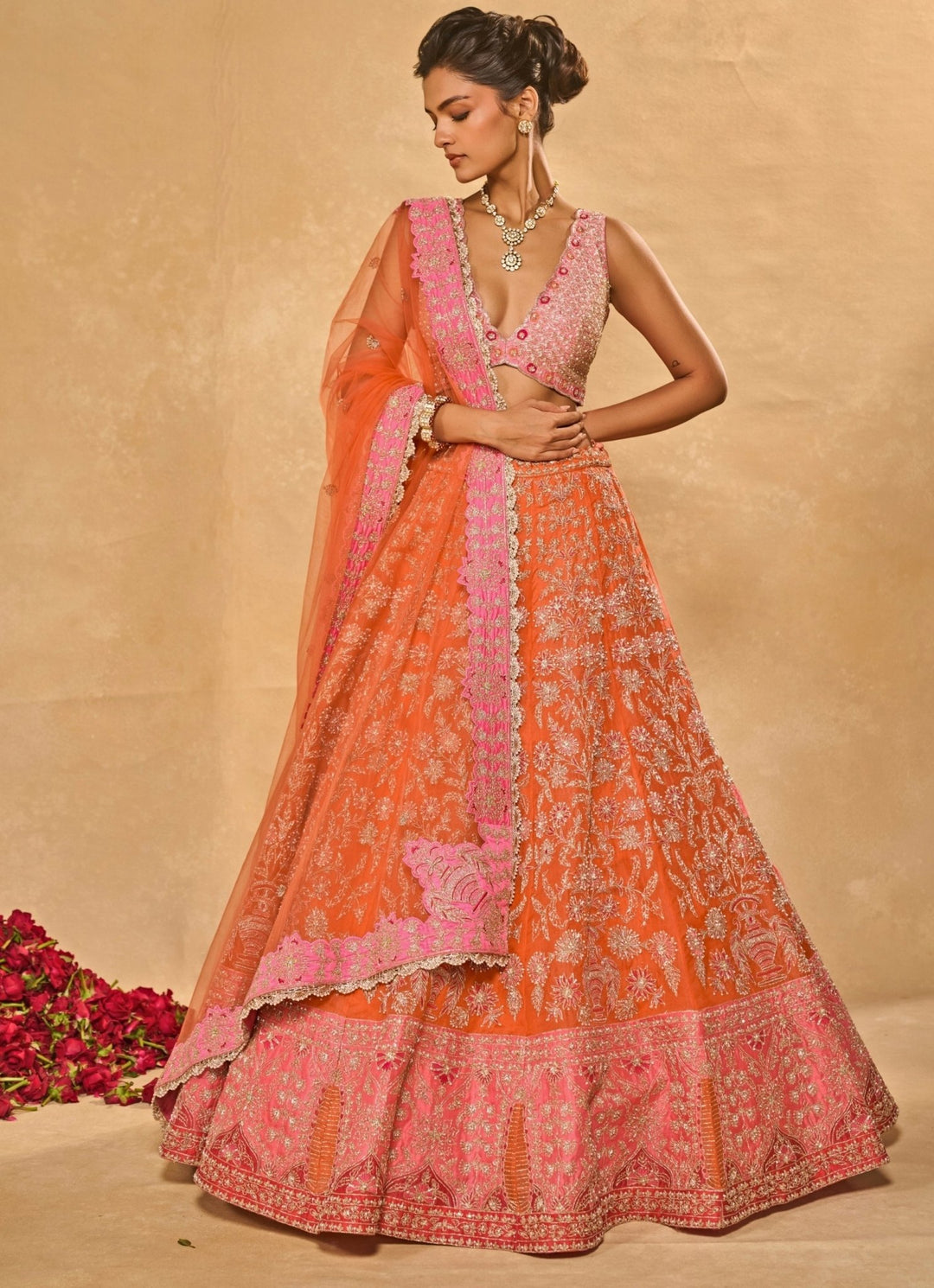 Chamee and Palak Orange And Pink Organza LehengaFabilicious Fashion