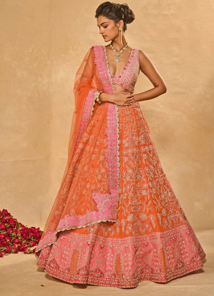 Chamee and Palak Orange And Pink Organza LehengaFabilicious Fashion