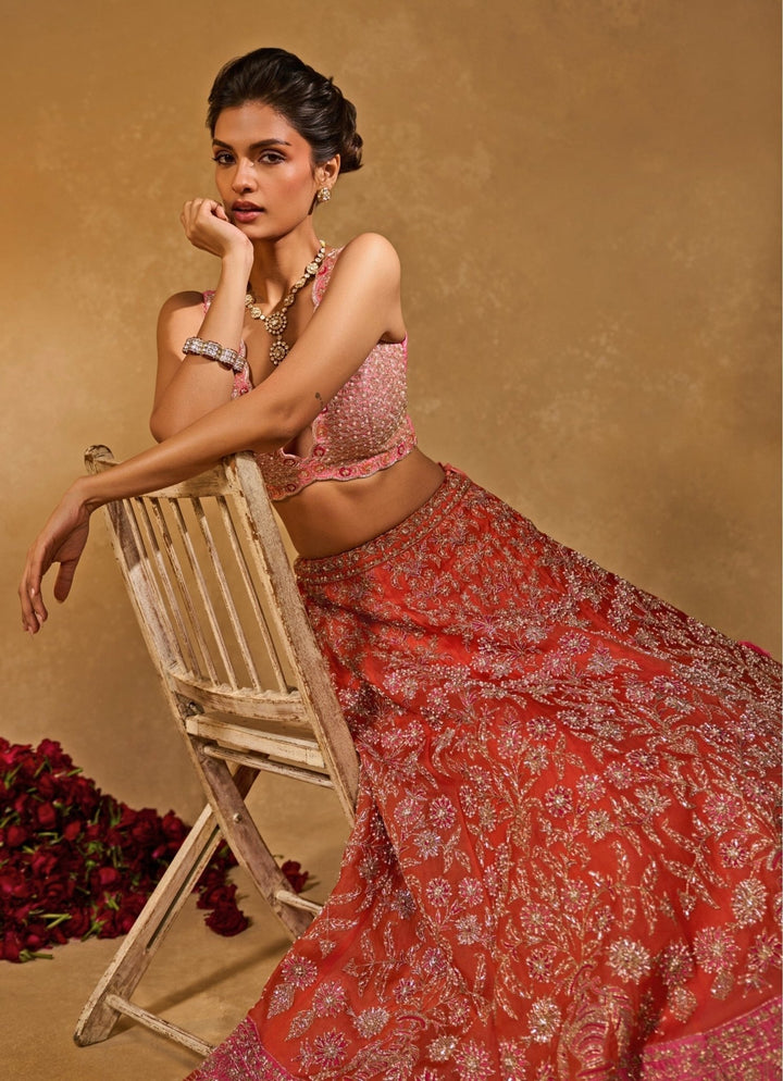 Chamee and Palak Orange And Pink Organza LehengaFabilicious Fashion