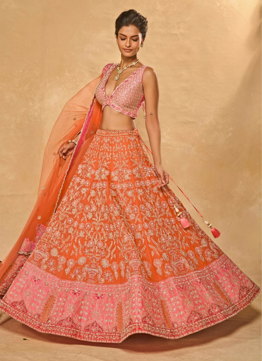 Chamee and Palak Orange And Pink Organza LehengaFabilicious Fashion