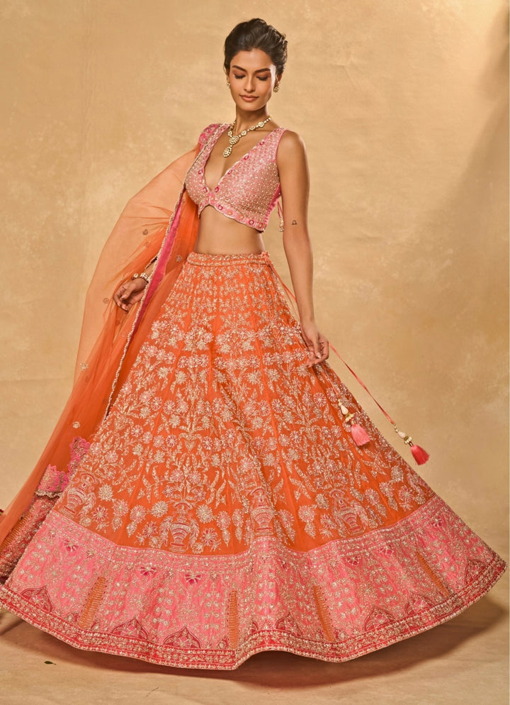 Chamee and Palak Orange And Pink Organza LehengaFabilicious Fashion