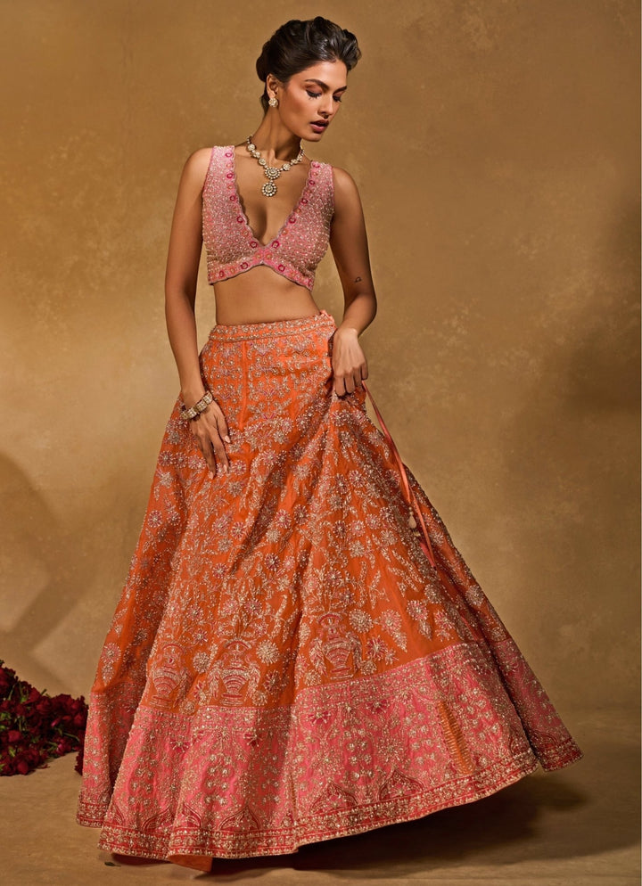 Chamee and Palak Orange And Pink Organza LehengaFabilicious Fashion
