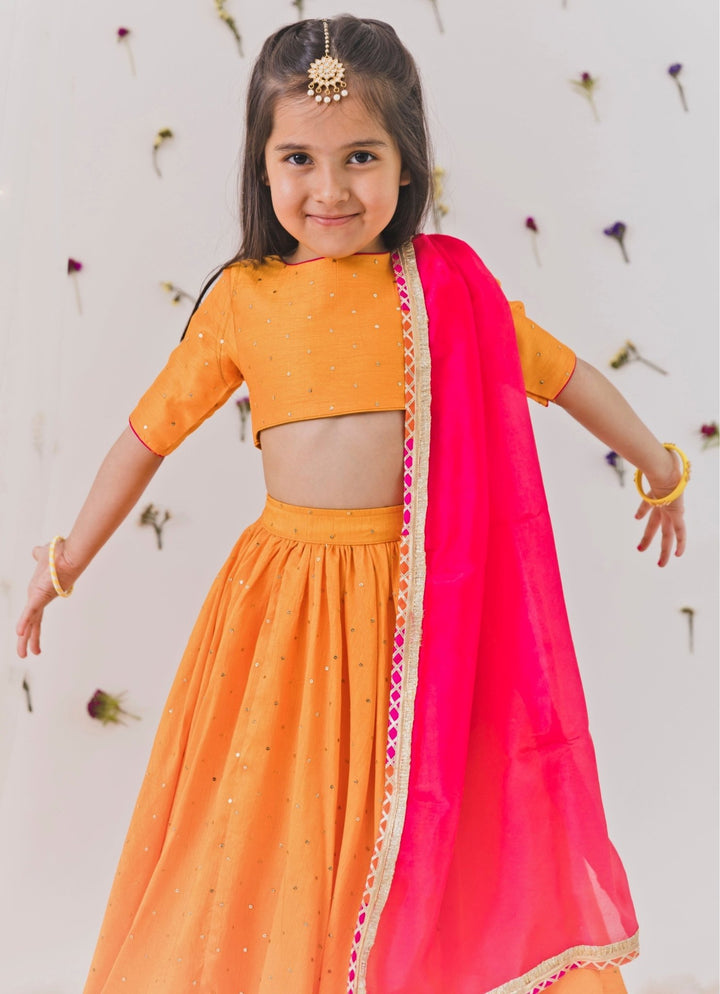 Orange And Pink Silk Lehenga Set Chotibuti - Fabilicious Fashion