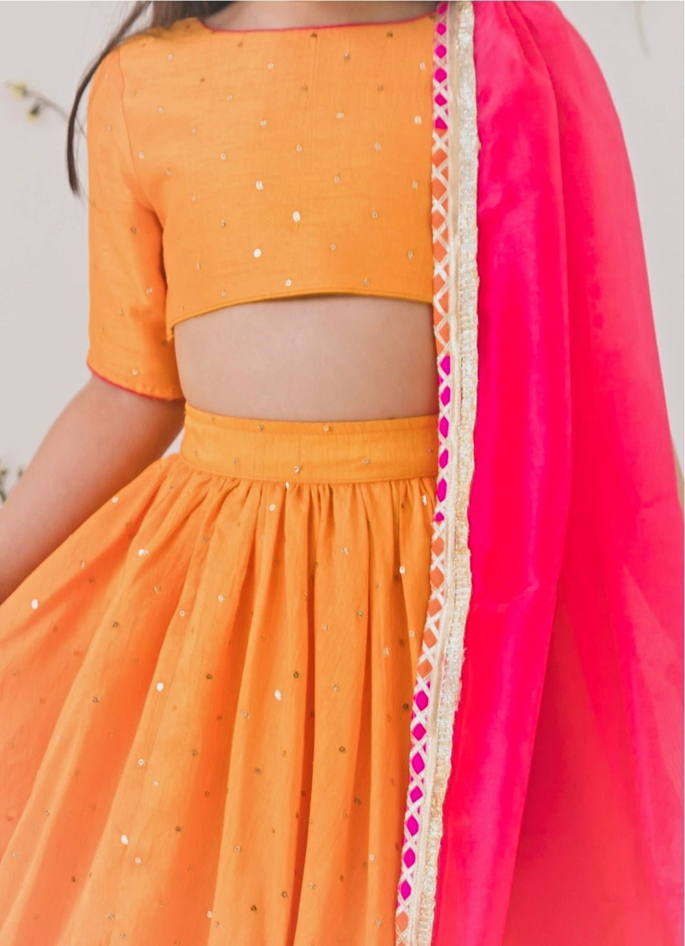 Orange And Pink Silk Lehenga Set Chotibuti - Fabilicious Fashion