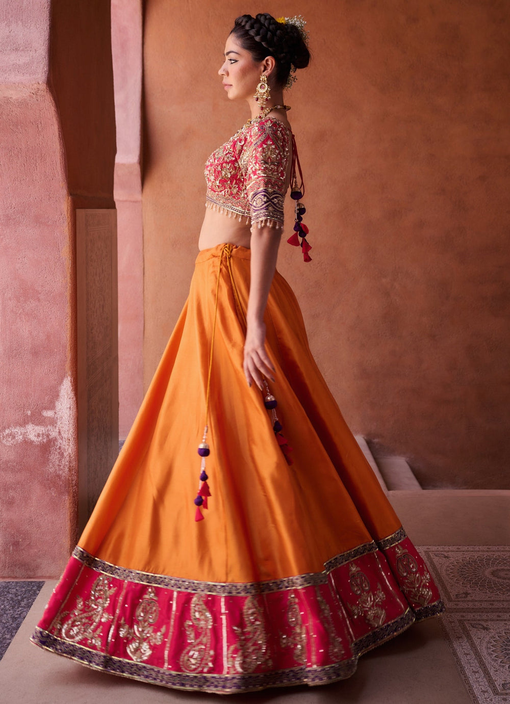 Orange And Pink Silk Lehenga Set KAPDA DORI - Fabilicious Fashion
