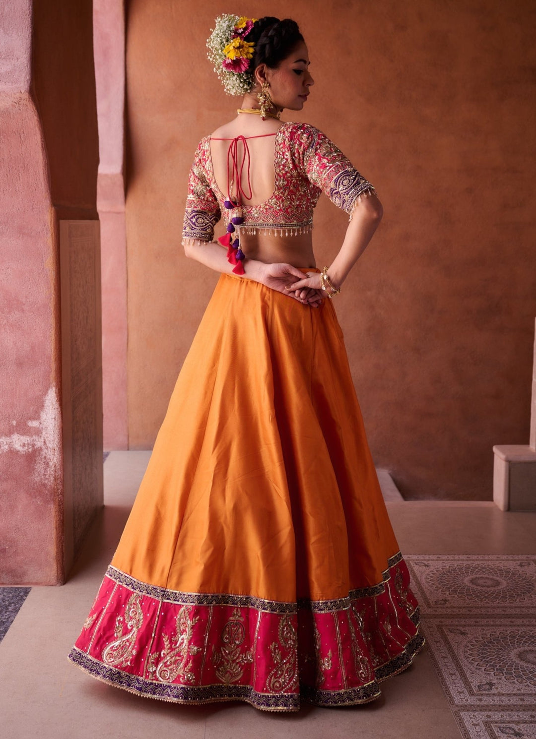 Orange And Pink Silk Lehenga Set KAPDA DORI - Fabilicious Fashion