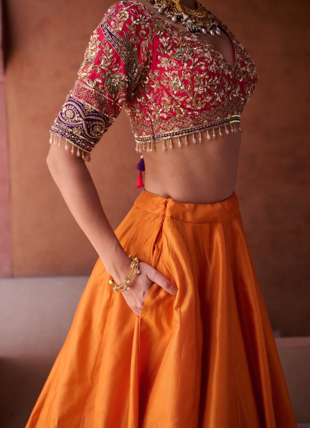 Orange And Pink Silk Lehenga Set KAPDA DORI - Fabilicious Fashion