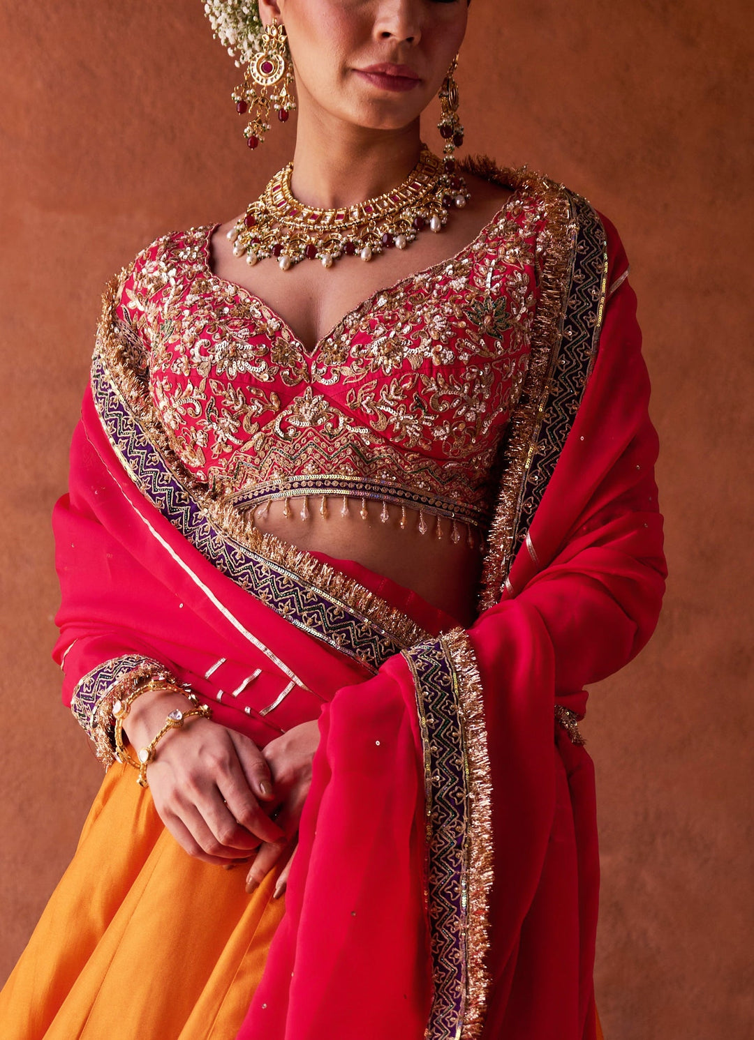 Orange And Pink Silk Lehenga Set KAPDA DORI - Fabilicious Fashion
