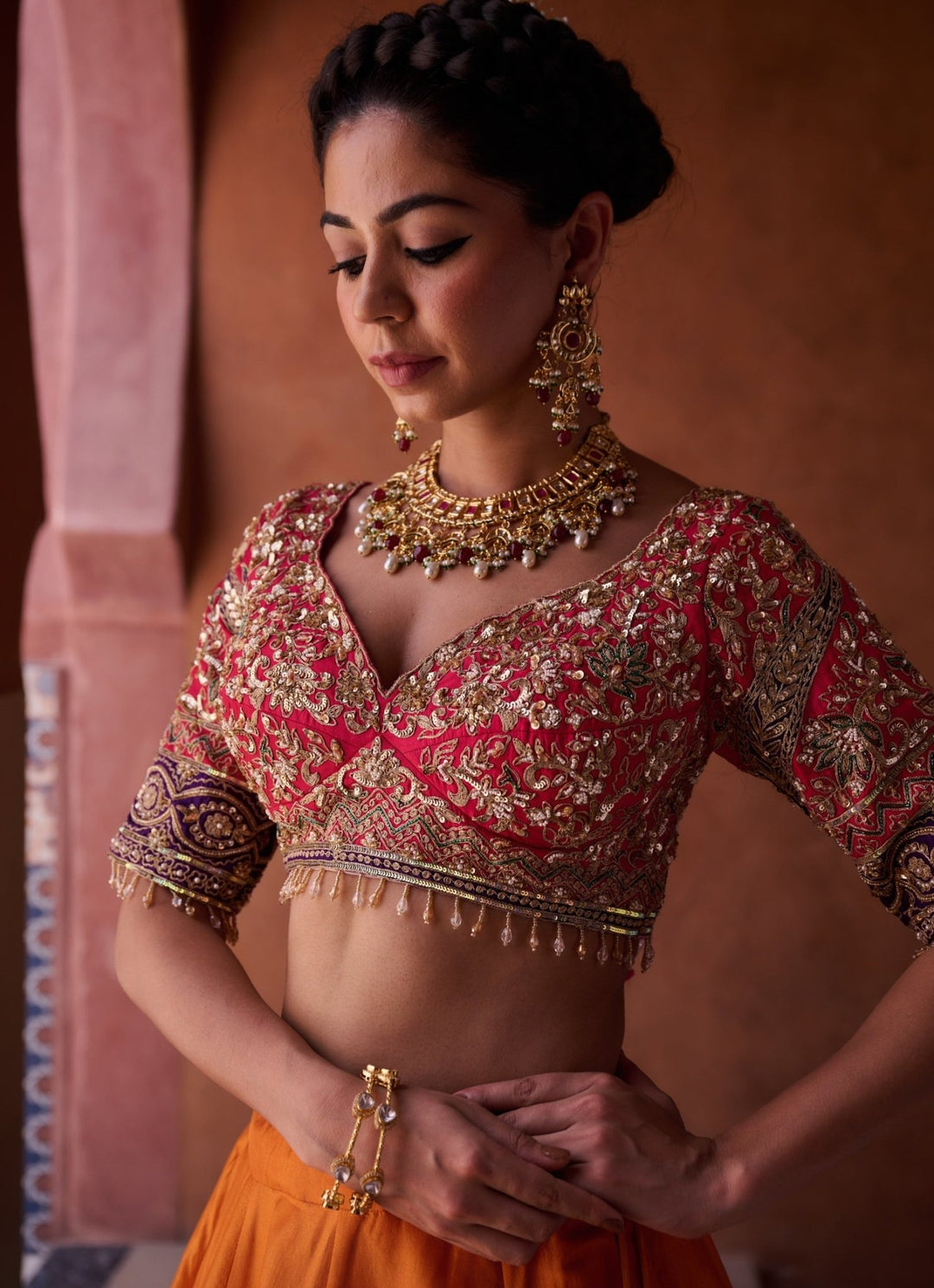 Orange And Pink Silk Lehenga Set KAPDA DORI - Fabilicious Fashion