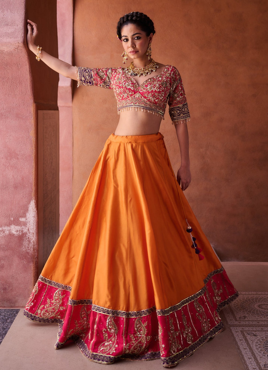 Orange And Pink Silk Lehenga Set KAPDA DORI - Fabilicious Fashion