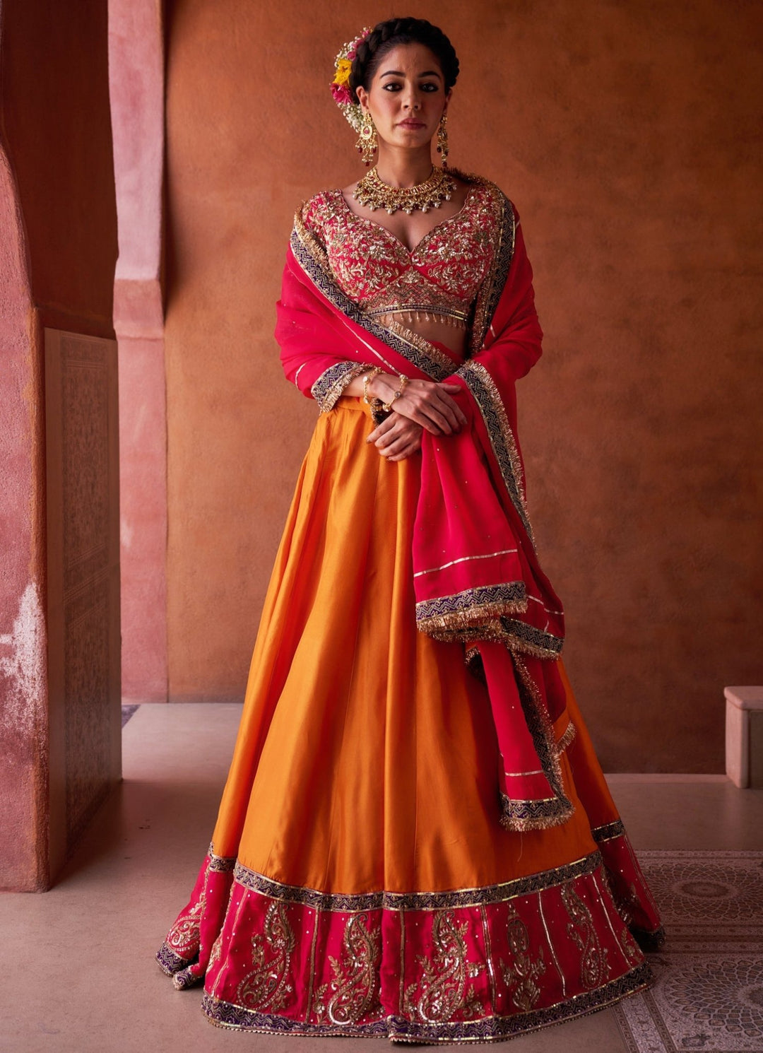 Orange And Pink Silk Lehenga Set KAPDA DORI - Fabilicious Fashion