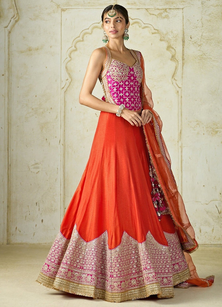 Gopi Vaid Orange And Pink Tussar Corset Lehenga SetFabilicious Fashion