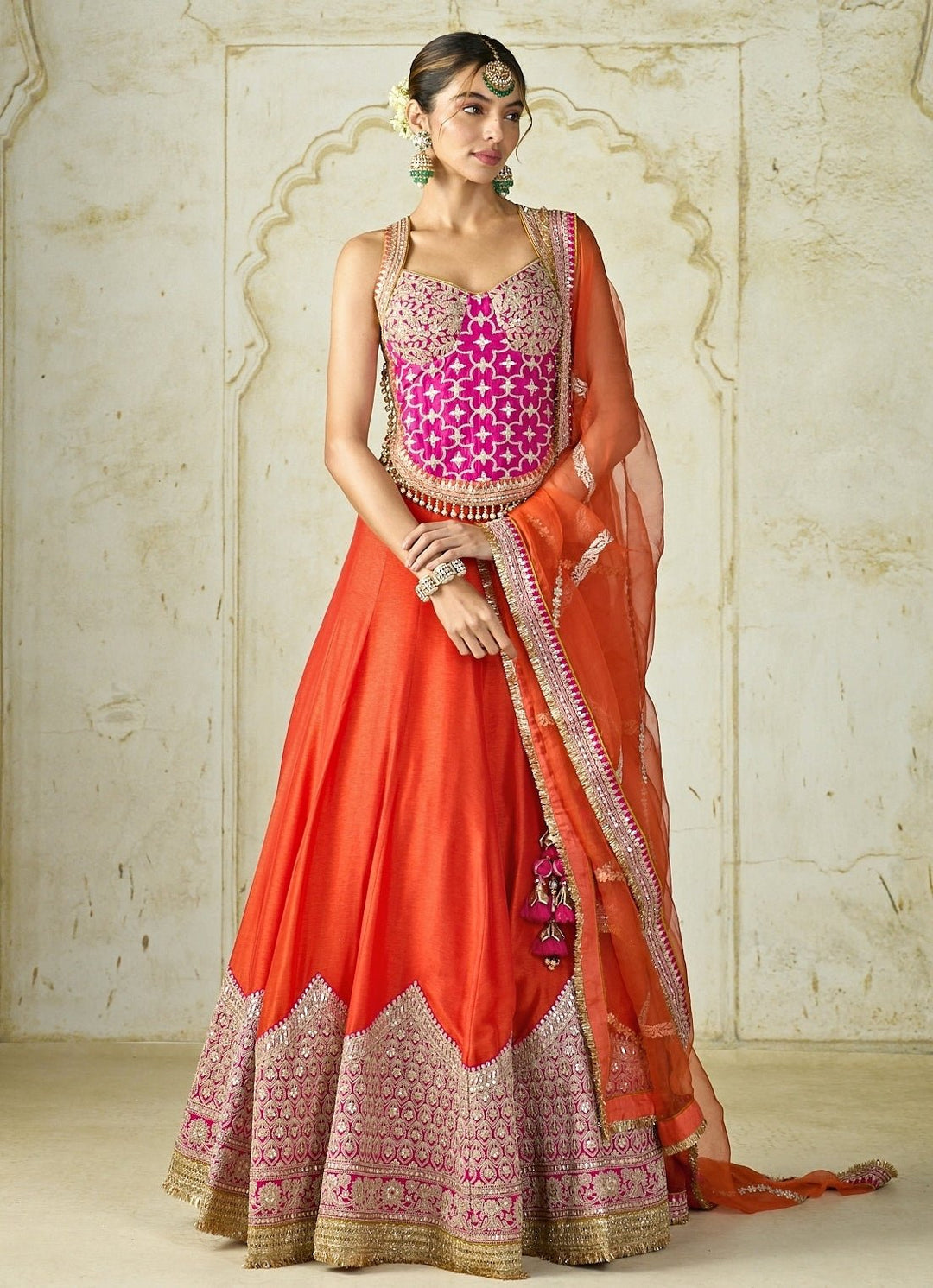 Gopi Vaid Orange And Pink Tussar Corset Lehenga SetFabilicious Fashion