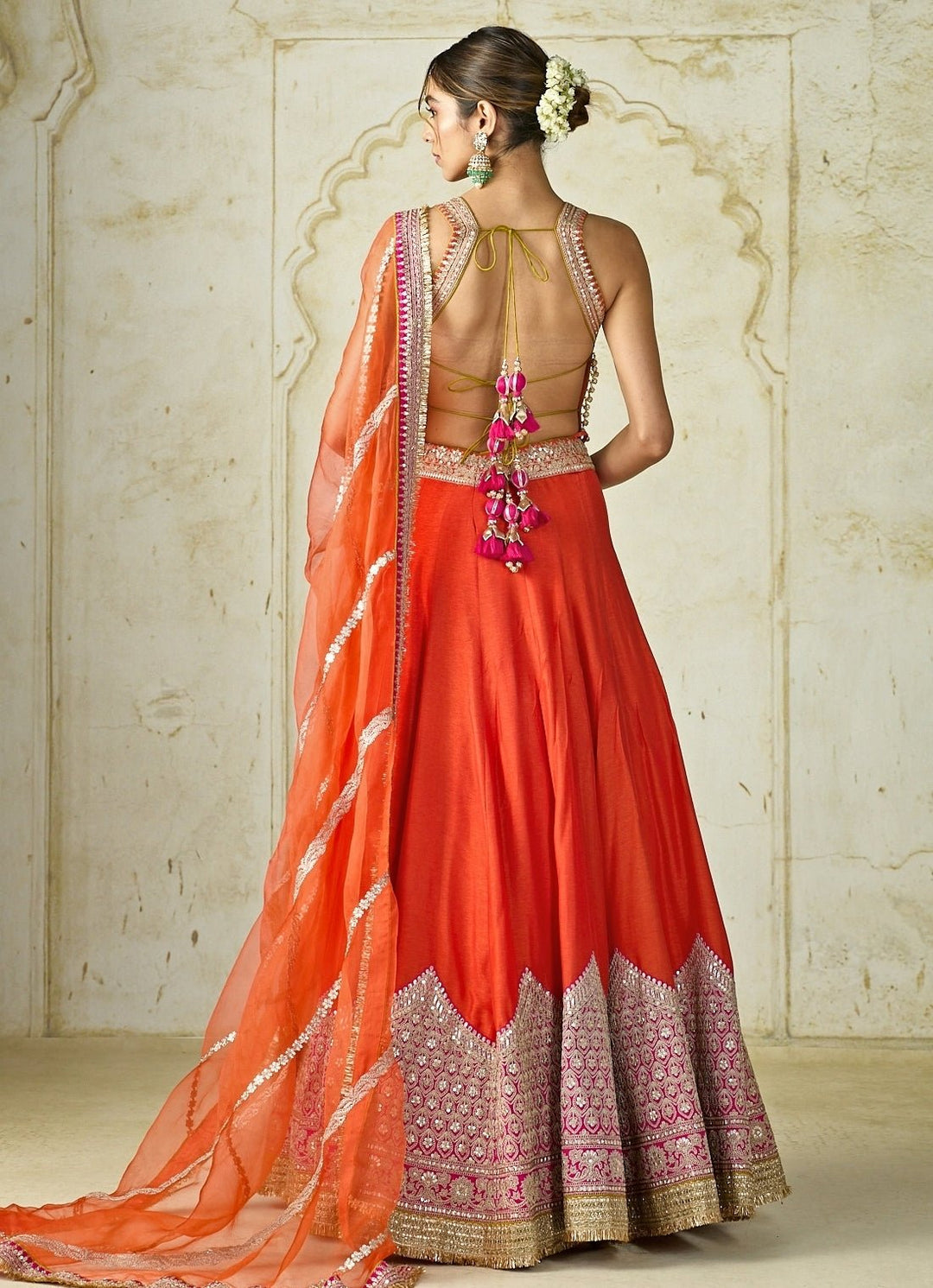 Gopi Vaid Orange And Pink Tussar Corset Lehenga SetFabilicious Fashion