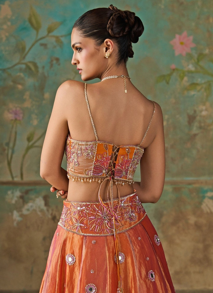 Zoon Tribe Orange And Purple Silk Tissue Lehenga SetFabilicious Fashion