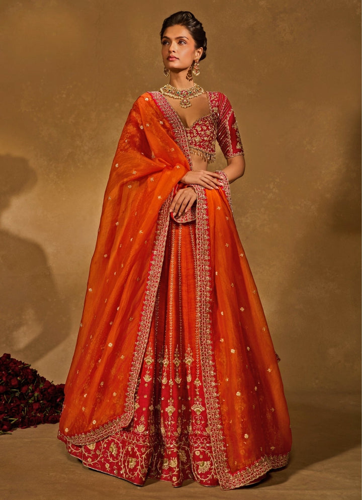 Orange And Red Raw Silk Ombre Lehenga Chamee &amp; Palak - Fabilicious Fashion