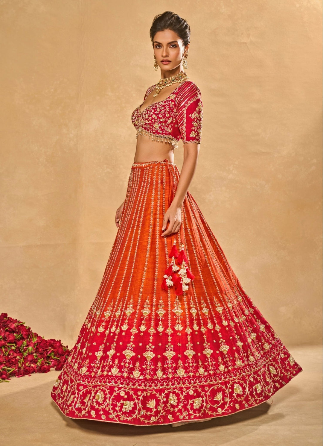 Orange And Red Raw Silk Ombre Lehenga Chamee &amp; Palak - Fabilicious Fashion