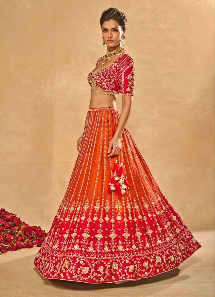 Orange And Red Raw Silk Ombre Lehenga Chamee &amp; Palak - Fabilicious Fashion