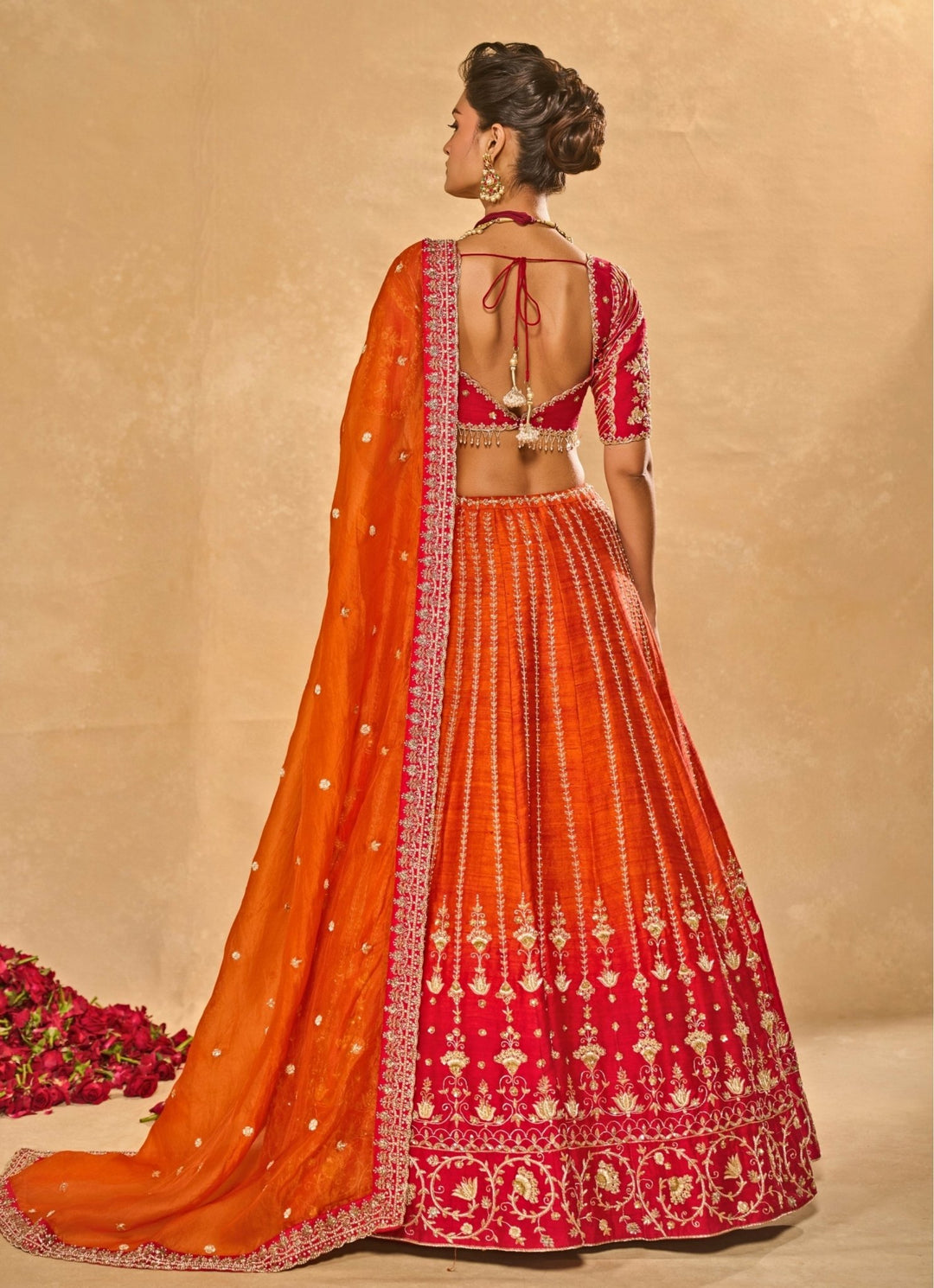 Orange And Red Raw Silk Ombre Lehenga Chamee &amp; Palak - Fabilicious Fashion