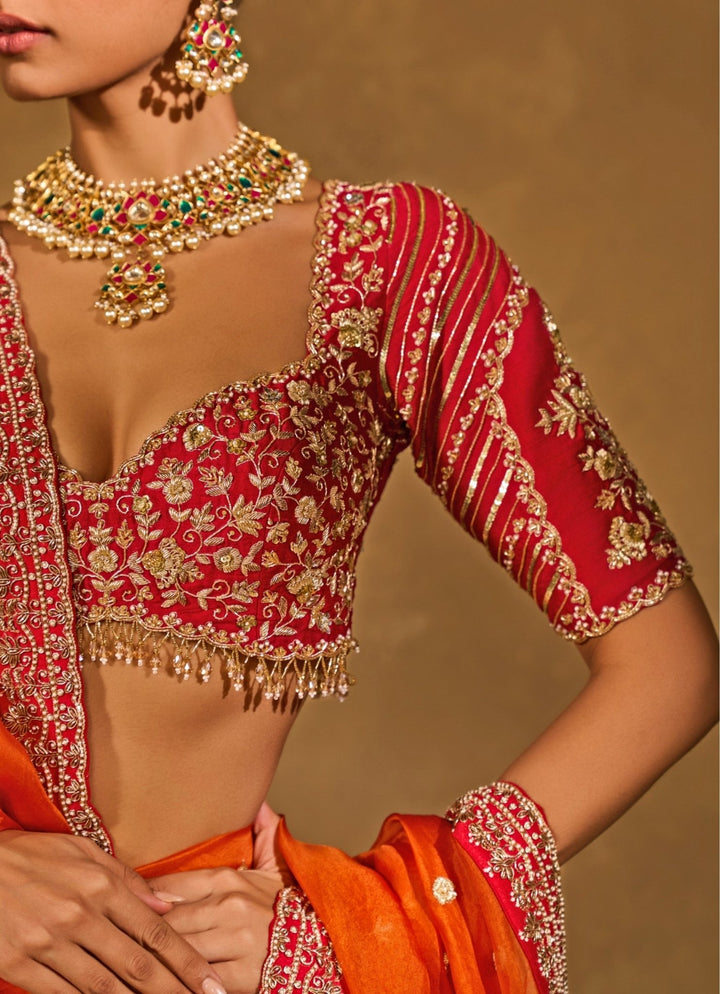Orange And Red Raw Silk Ombre Lehenga Chamee &amp; Palak - Fabilicious Fashion