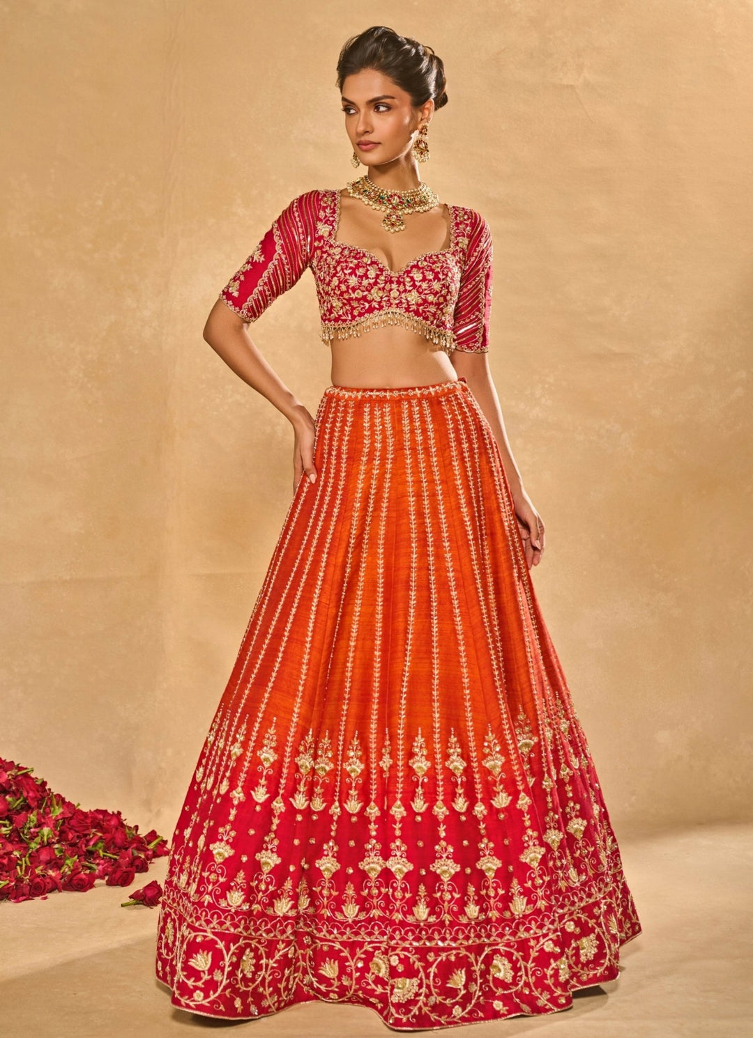 Orange And Red Raw Silk Ombre Lehenga Chamee &amp; Palak - Fabilicious Fashion