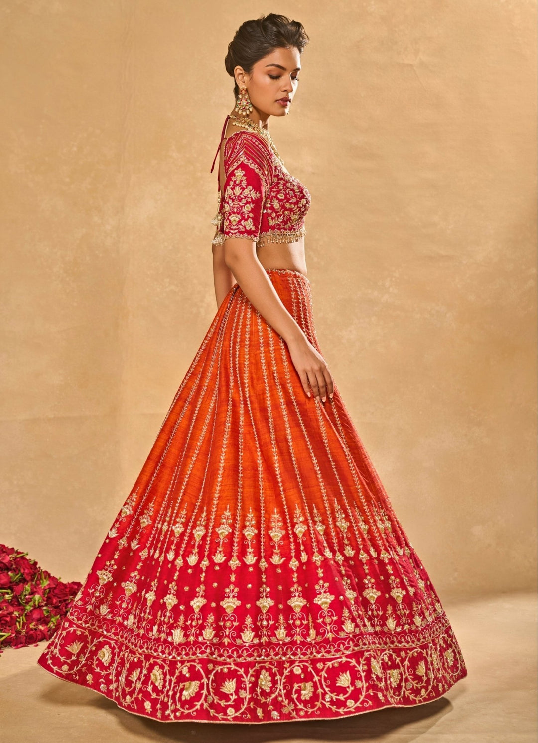 Orange And Red Raw Silk Ombre Lehenga Chamee &amp; Palak - Fabilicious Fashion