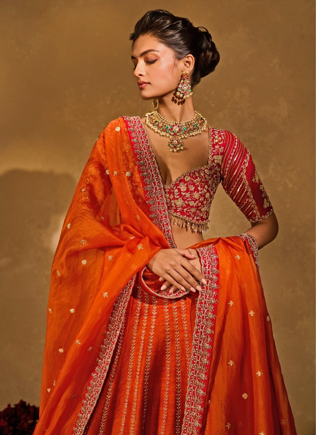 Orange And Red Raw Silk Ombre Lehenga Chamee &amp; Palak - Fabilicious Fashion