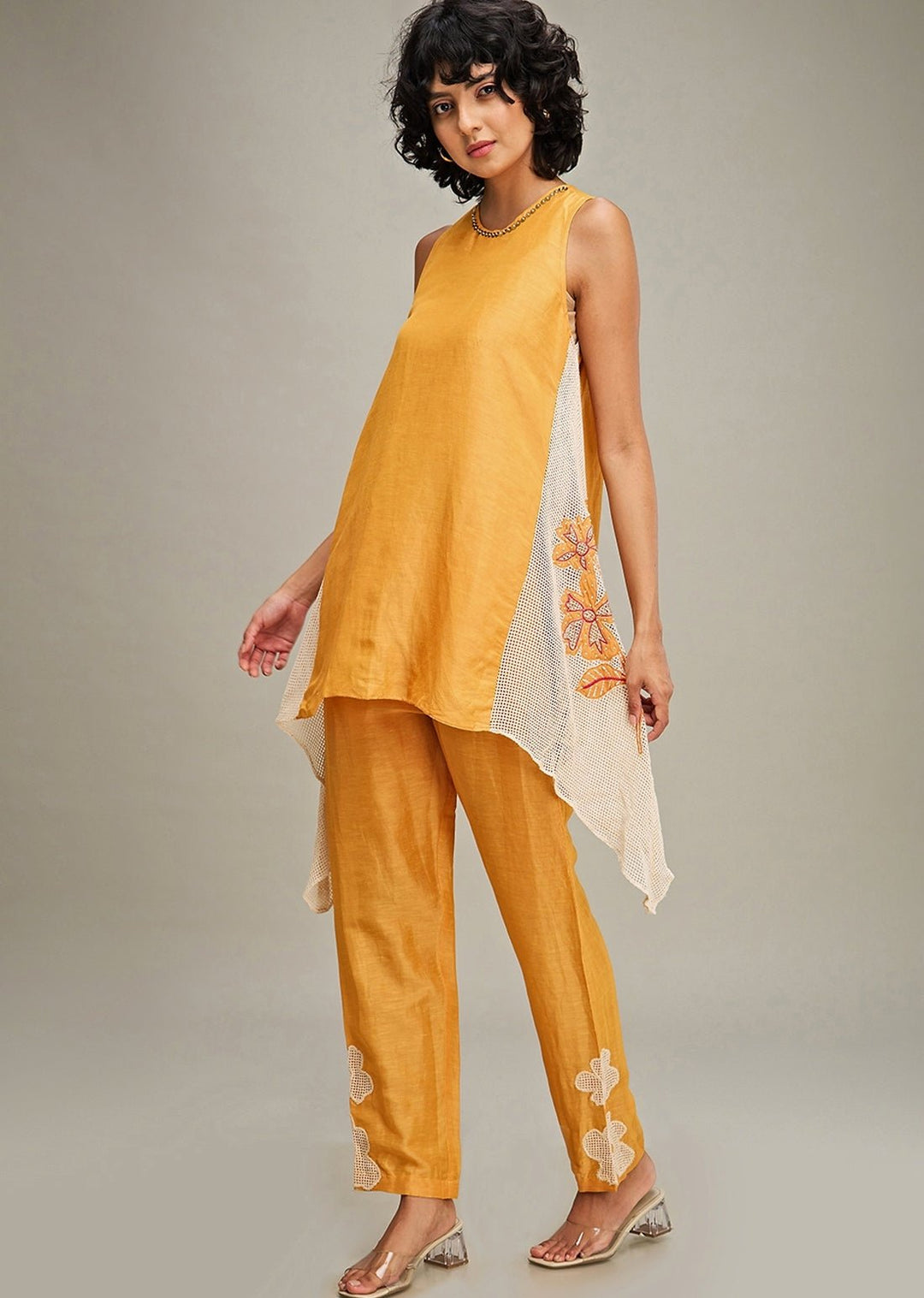 Orange Applique Asymmetric Kurta And Pant Set Soup By Sougat Paul - Fabilicious Fashion