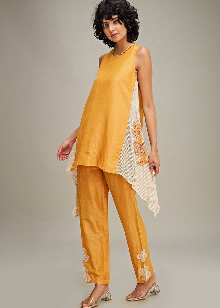 Orange Applique Asymmetric Kurta And Pant Set Soup By Sougat Paul - Fabilicious Fashion