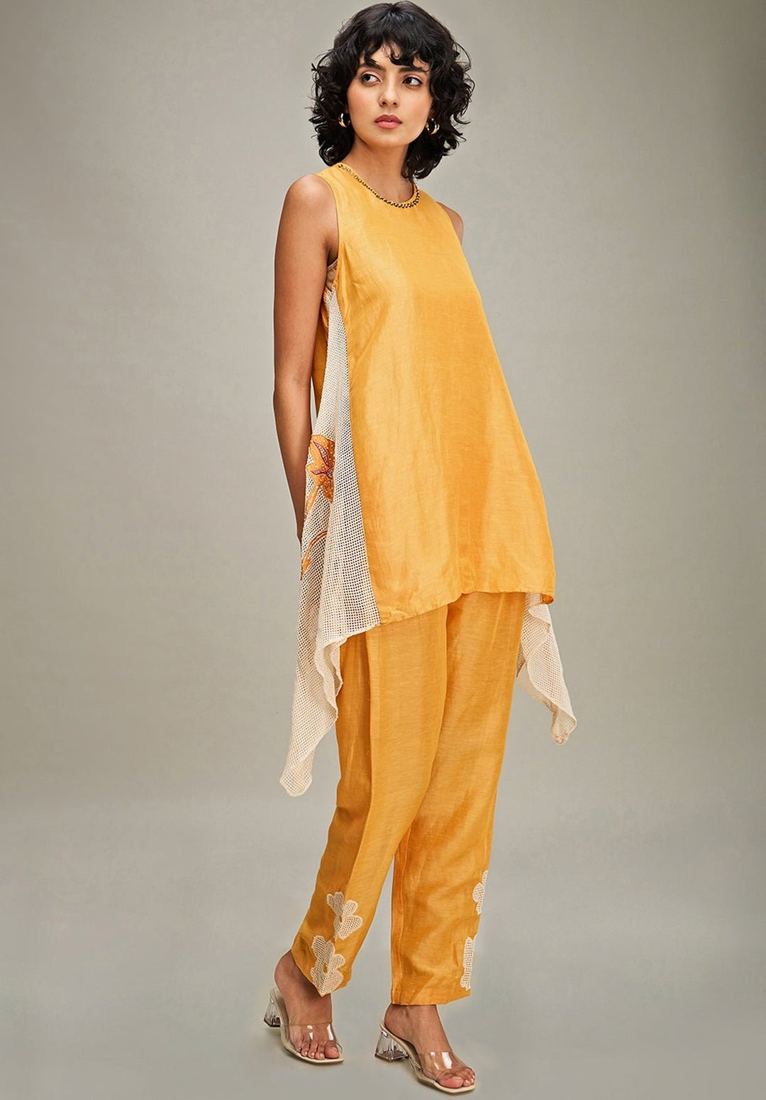 Orange Applique Asymmetric Kurta And Pant Set Soup By Sougat Paul - Fabilicious Fashion