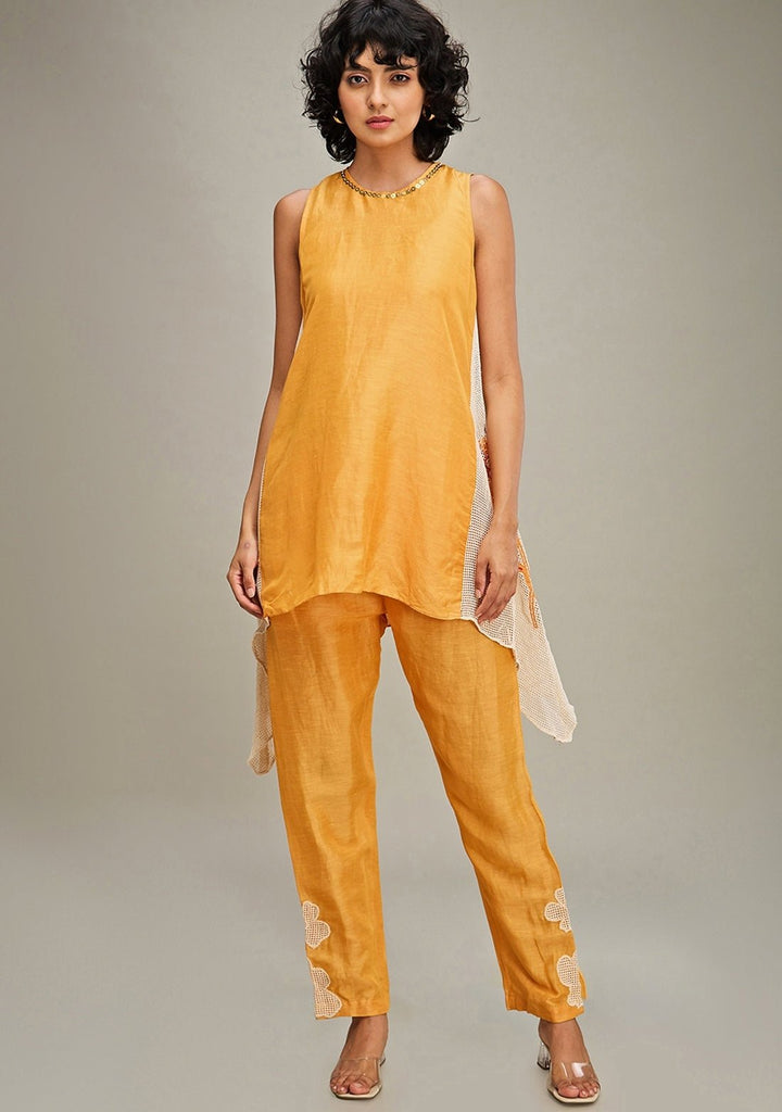 Orange Applique Asymmetric Kurta And Pant Set Soup By Sougat Paul - Fabilicious Fashion