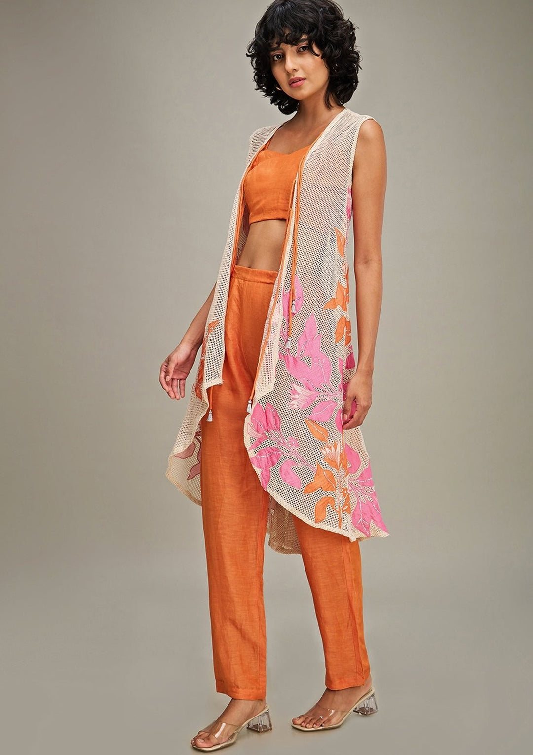 Orange Applique Co Ord Set With High Low Cape Soup By Sougat Paul - Fabilicious Fashion