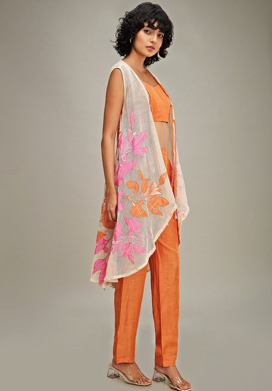 Orange Applique Co Ord Set With High Low Cape Soup By Sougat Paul - Fabilicious Fashion
