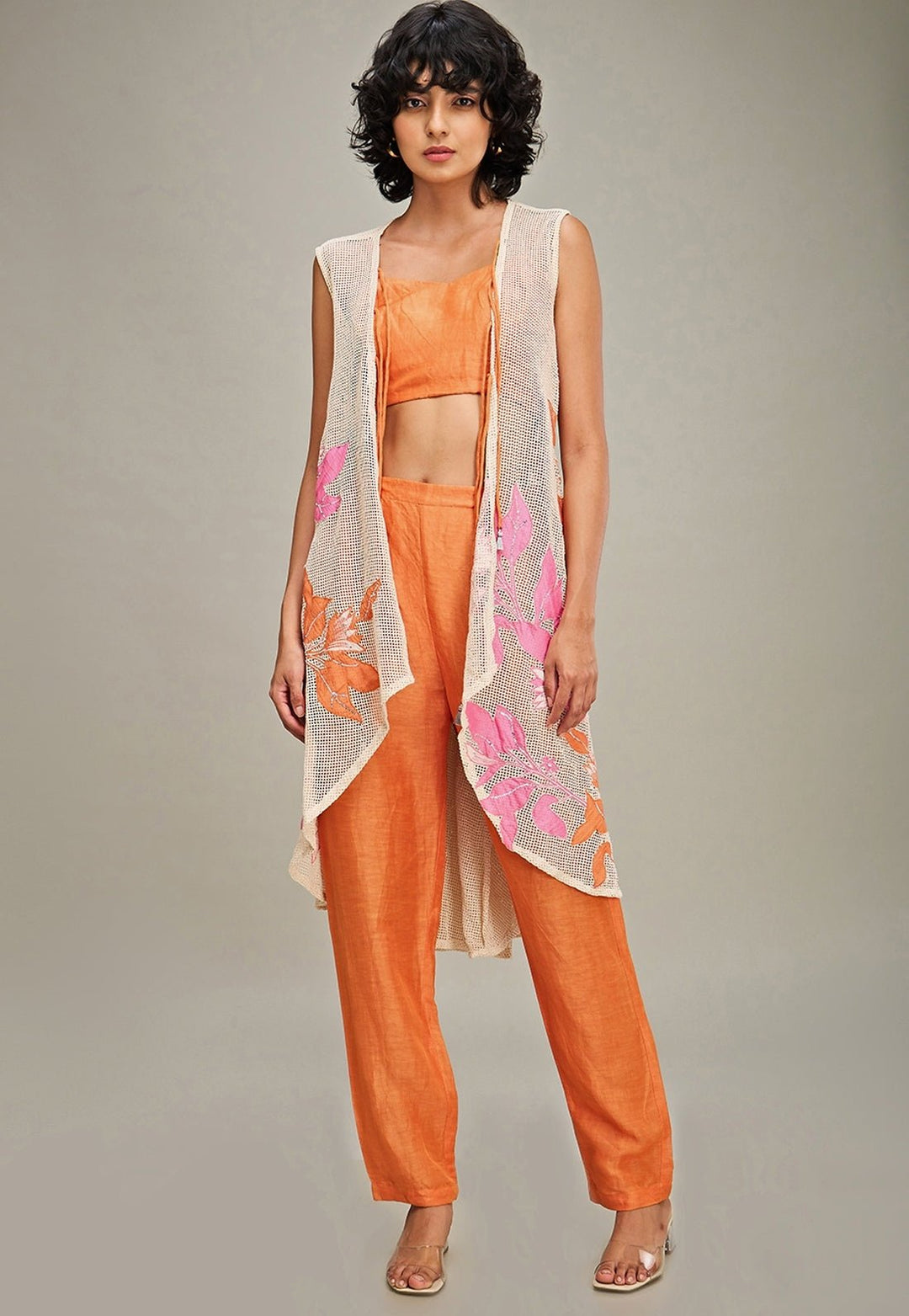 Orange Applique Co Ord Set With High Low Cape Soup By Sougat Paul - Fabilicious Fashion
