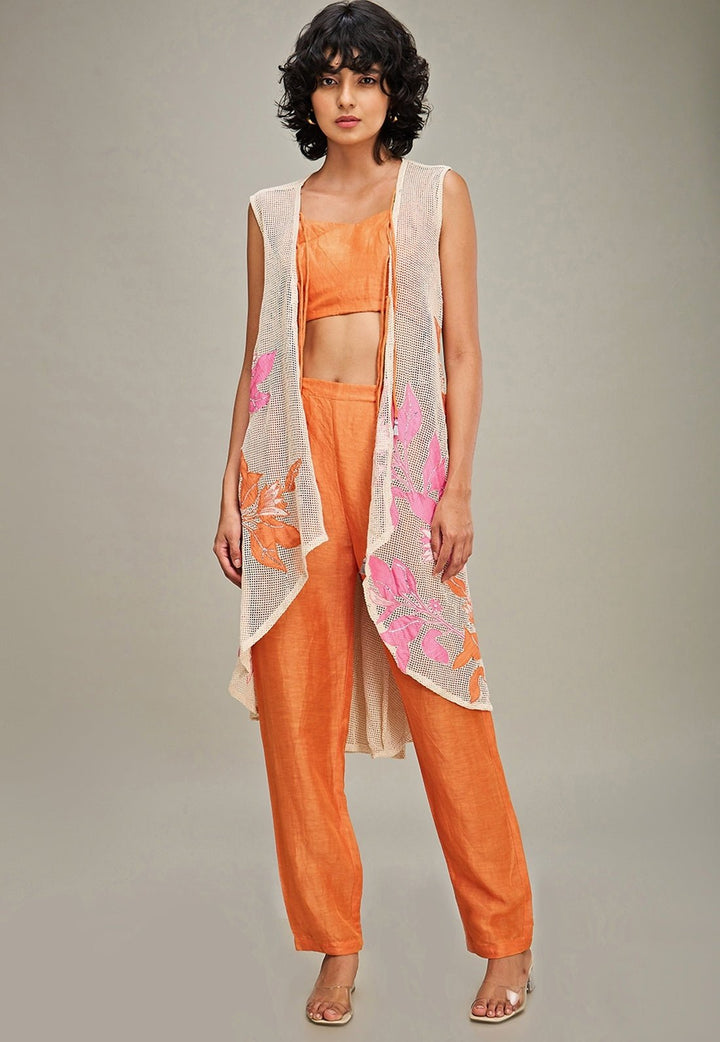 Orange Applique Co Ord Set With High Low Cape Soup By Sougat Paul - Fabilicious Fashion
