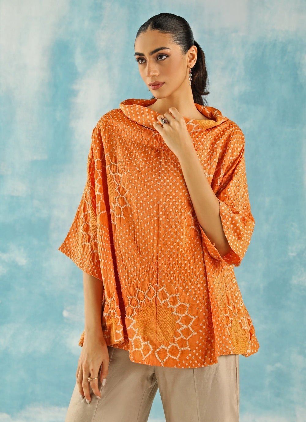 Twenty Nine Orange Bandhani Cowl Neck Top With Beige PantsFabilicious Fashion